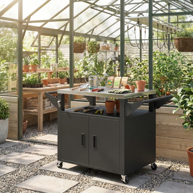 Outsunny Outdoor Grill Cart with Stainless Steel Tabletop, 3-Shelf Pizza Oven Stand with Storage Cabinet, Wheels, Black