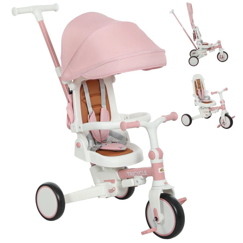 Qaba 7 in 1 Toddler Tricycle with Safety Harness, Adjustable & Removable Parent Handle, Canopy, Storage Bag, Brake, Pink