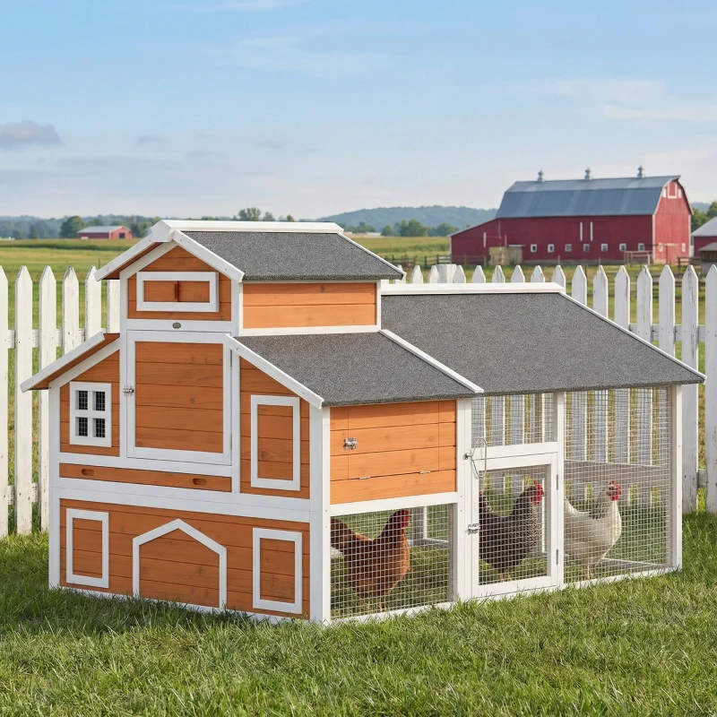 PawHut 79"L Chicken Coop with Run for 6 Chickens, Wooden Chicken House with Nesting Boxes and Pull-Out Tray
