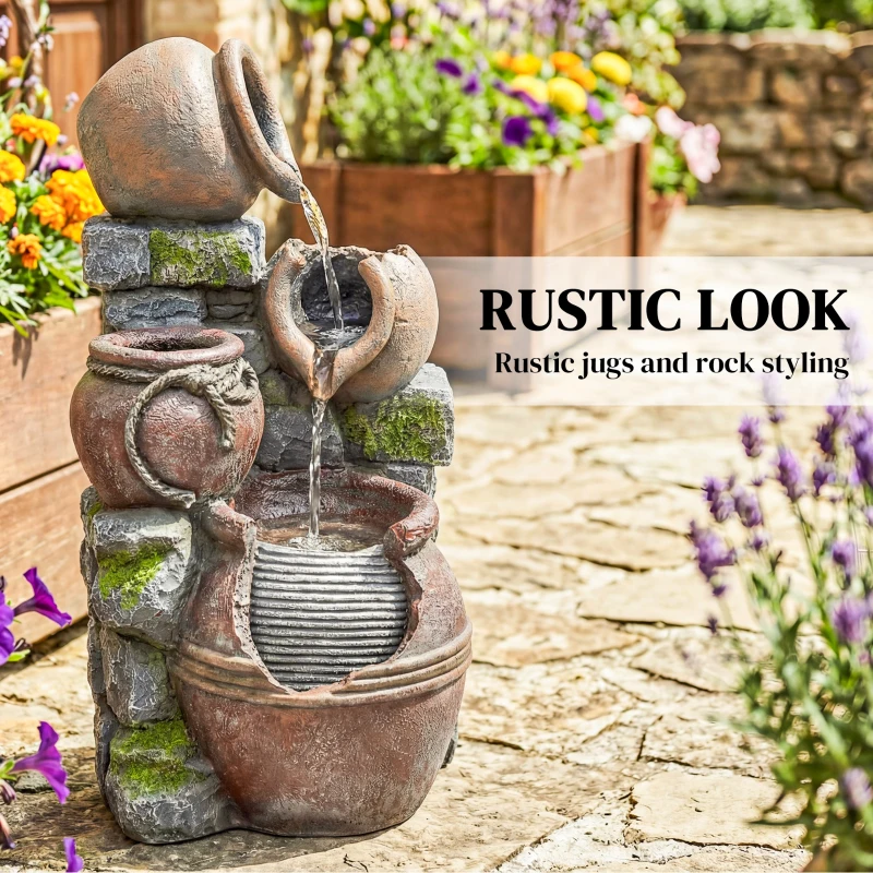 Outsunny Outdoor Fountain with 4-Tier Rustic Pot Design, Cascading Rock Waterfall with LED Lights and Adjustable Flow