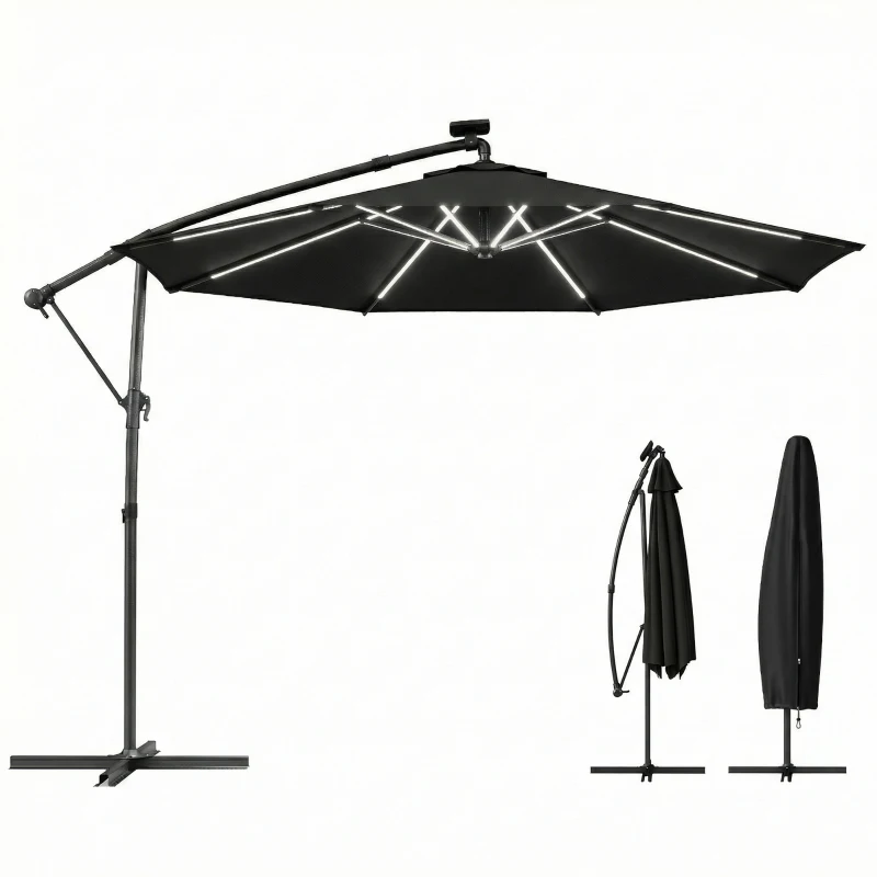 Outsunny 10 ft Offset Patio Umbrella with Solar Light, Garden Hanging Parasol with 360° Rotation, Tilt, Cover, Black