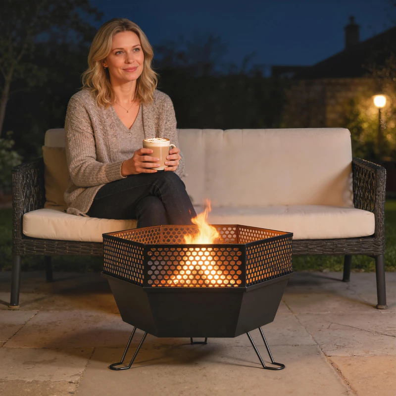 Outsunny 20" Fire Pit with Fire Poker, Foldable Wood Burning Firepits with Lid, Portable Firepit, Black