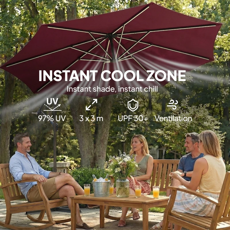 Outsunny 10 ft Offset Patio Umbrella with Solar Light, Garden Hanging Parasol with 360° Rotation, Tilt, Cover, Wine Red