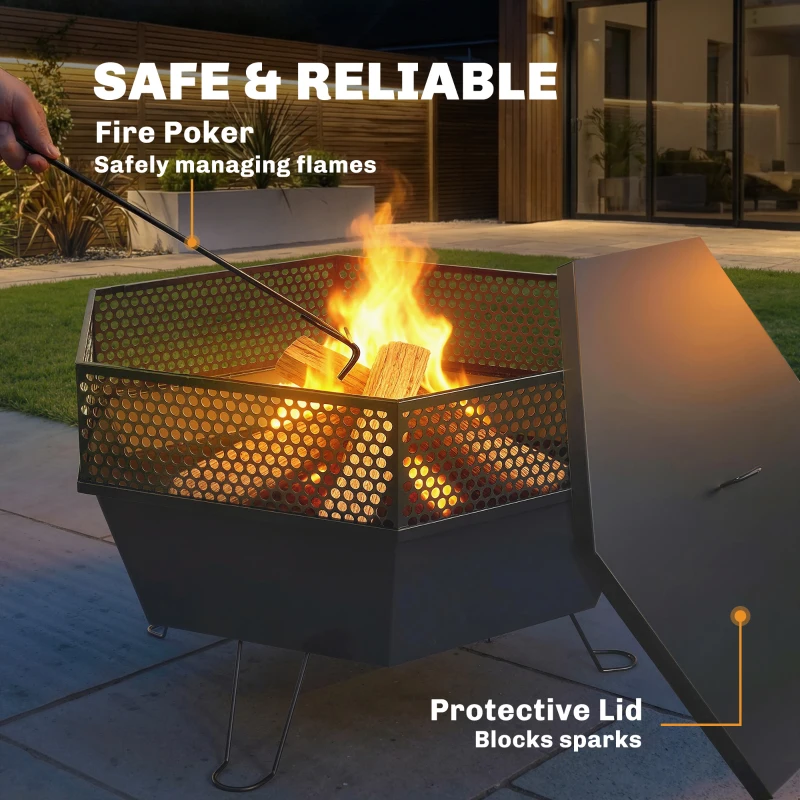 Outsunny 20" Fire Pit with Fire Poker, Foldable Wood Burning Firepits with Lid, Portable Firepit, Black