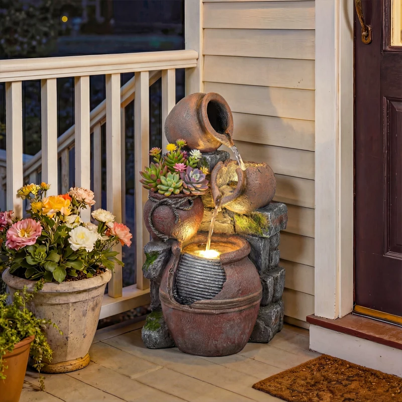 Outsunny Outdoor Fountain with 4-Tier Rustic Pot Design, Cascading Rock Waterfall with LED Lights and Adjustable Flow