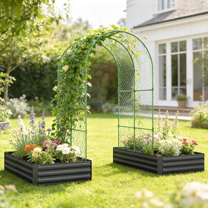 Outsunny Metal Raised Garden Bed with Trellis, Galvanized Garden Bed Kit Outdoor Garden Box with Trellis, Black