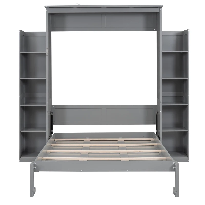 Full Size Murphy Bed with Shelves, LED Lights, Space-Saving Wall Bed with Flexible Slats, Dual Piston Mechanism, 87" L x 81" W x 83.5" H, Grey
