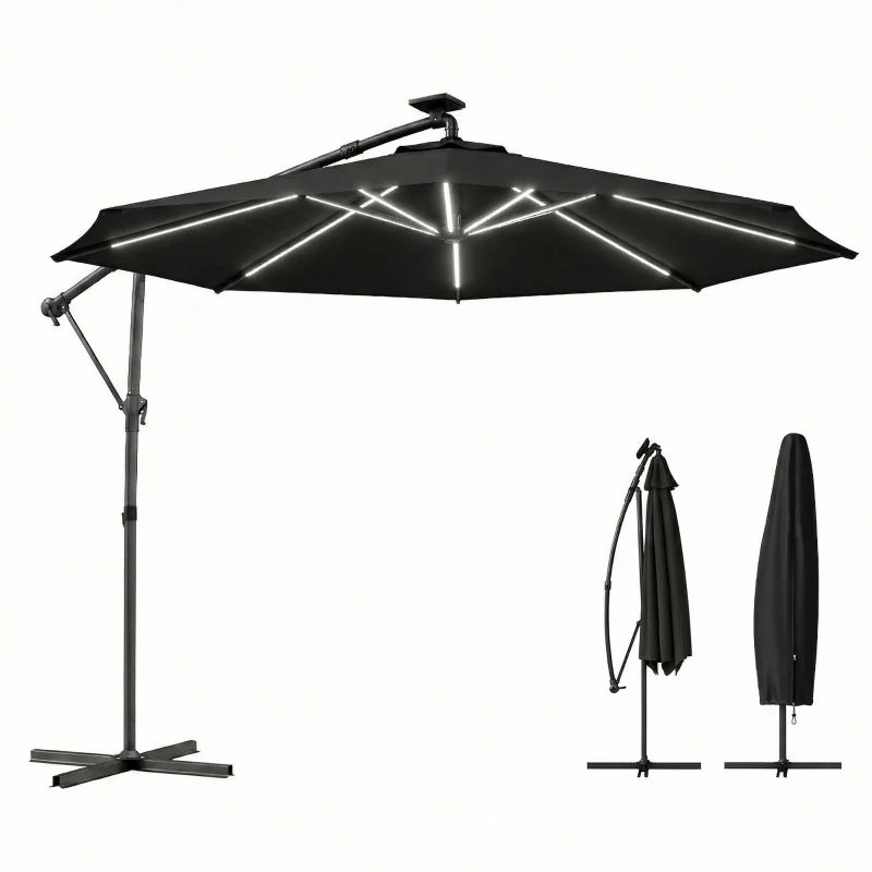 Outsunny 10 ft Offset Patio Umbrella with Solar Light, Garden Hanging Parasol with 360° Rotation, Tilt, Cover, Black
