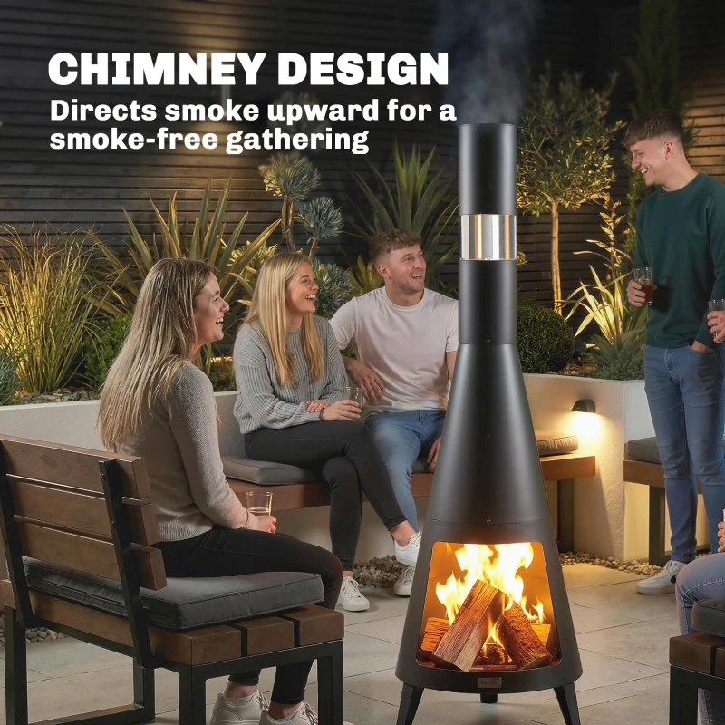 Outsunny Wood Burning Firepit with Chimney, Outdoor Fire Pit with Poker, Mesh Screen, Black