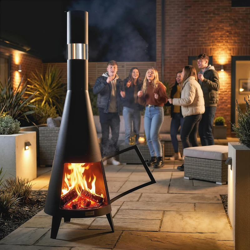 Outsunny Wood Burning Firepit with Chimney, Outdoor Fire Pit with Poker, Mesh Screen, Black