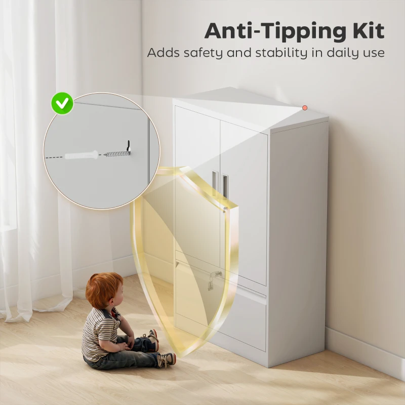 HOMCOM Lateral Filing Cabinet, Metal Storage Cabinet, Garage Cabinet with Double Locks, Adjustable Shelf and File Drawer, White