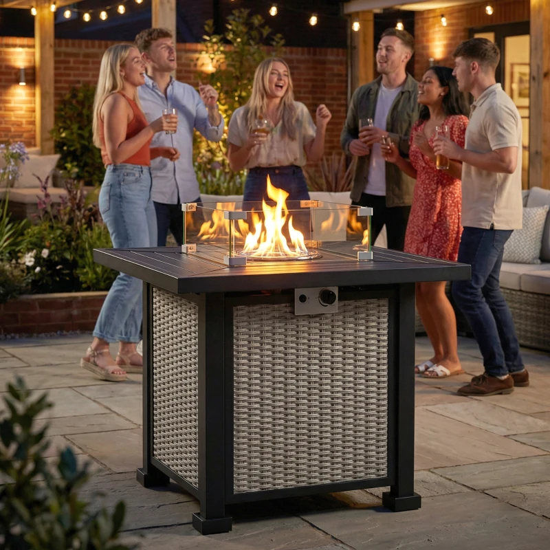 Outsunny 32" Propane Gas Fire Pit Table, 50,000 BTU Square Patio Table with Fire Pit, Wind Guard, Lid, CSA Certified, Grey