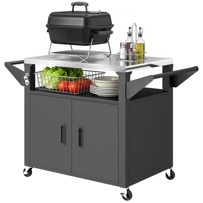 Outsunny Outdoor Grill Cart with Stainless Steel Tabletop, 3-Shelf Pizza Oven Stand with Storage Cabinet, Wheels, Black
