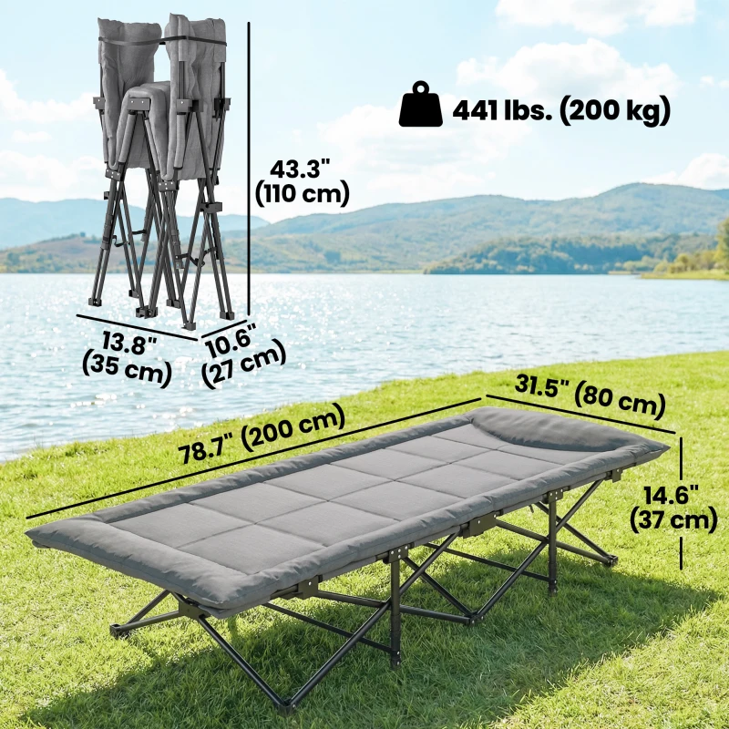 Outsunny Camping Cot for Adults with Padded Cushion, 31.5" Wide Folding Bed with Carry Bag and Non-Slip Feet, Grey
