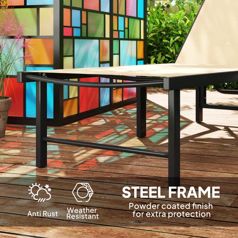 Outsunny Outdoor Lounge Chair Set of 2, 5-Position Reclining Outdoor Chaise Lounge Tanning Chair with Mesh Seat, Khaki