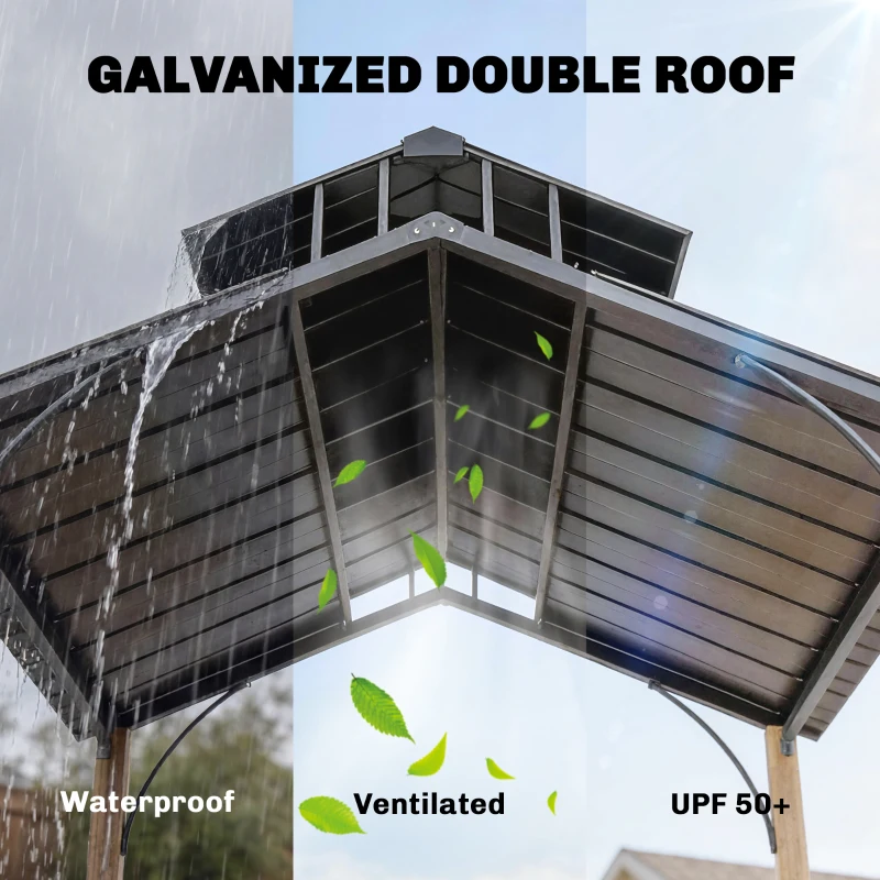 Outsunny 8 x 6ft Hardtop Grill Gazebo, BBQ Gazebo with Metal Double Roof, Outdoor Grill Canopy with Wood-Grain Aluminum Frame