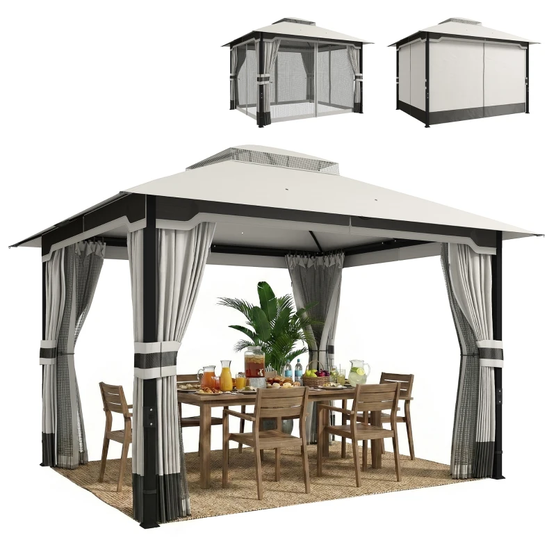 Outsunny 10' x 12' Patio Gazebo, Double Roof Outdoor Gazebo Canopy Shelter with Netting and Curtains, Steel Frame, Light Grey