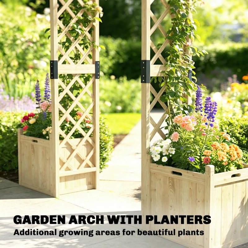 Outsunny Wooden Garden Arch with 2 Planter Boxes, Arch Trellis for Climbing Plants, Decorative Arbor Archway, Natural Wood