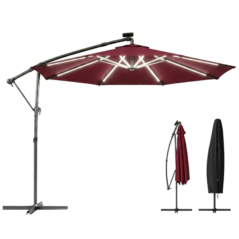 Outsunny 10 ft Offset Patio Umbrella with Solar Light, Garden Hanging Parasol with 360° Rotation, Tilt, Cover, Wine Red