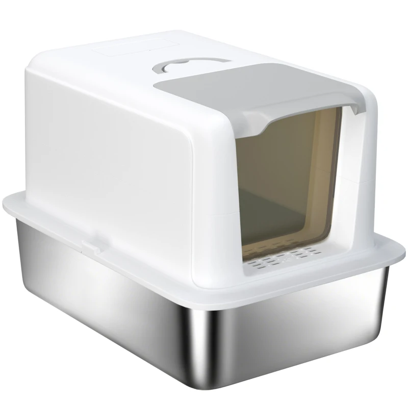 PawHut Stainless Steel Cat Litter Box w/ Removable Lid & Scoop, for Small to Large Cats, Easy to Clean, White