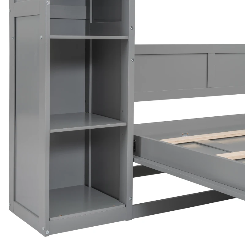 Full Size Murphy Bed with Shelves, LED Lights, Space-Saving Wall Bed with Flexible Slats, Dual Piston Mechanism, 87" L x 81" W x 83.5" H, Grey