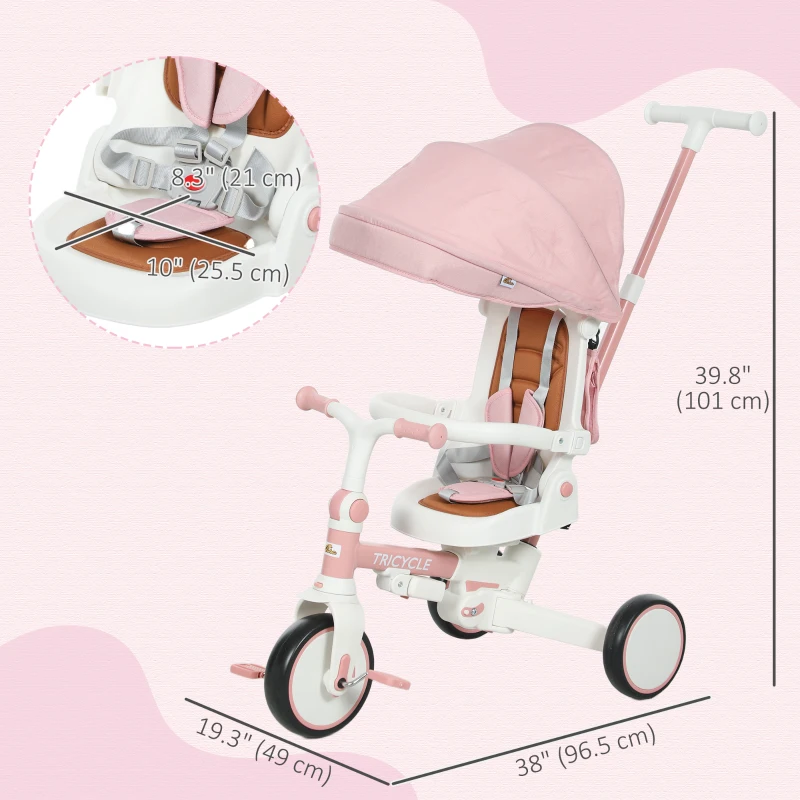 Qaba 7 in 1 Toddler Tricycle with Safety Harness, Adjustable & Removable Parent Handle, Canopy, Storage Bag, Brake, Pink