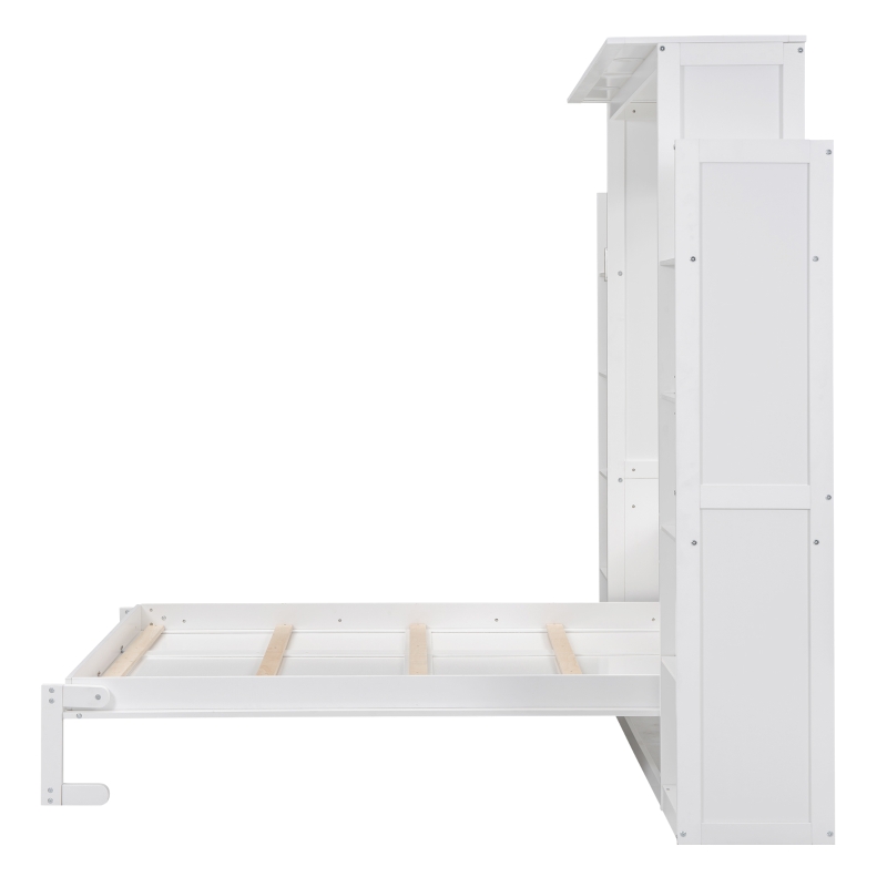 Full Size Murphy Bed with Shelves and LED Lights, Space-Saving Wall Bed with Flexible Slats, 87" L x 81" W x 83.5" H, White