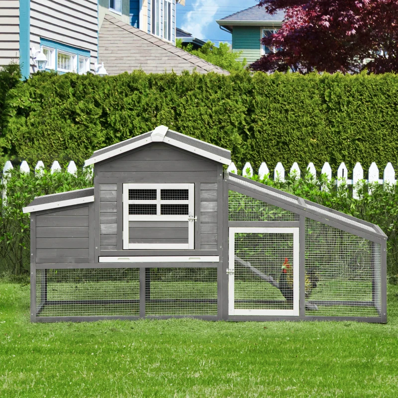 PawHut 79" Wooden Chicken Coop, Outdoor Hen House, Poultry Habitat with Removable Tray, Nesting Box, Run, Ramp, Grey