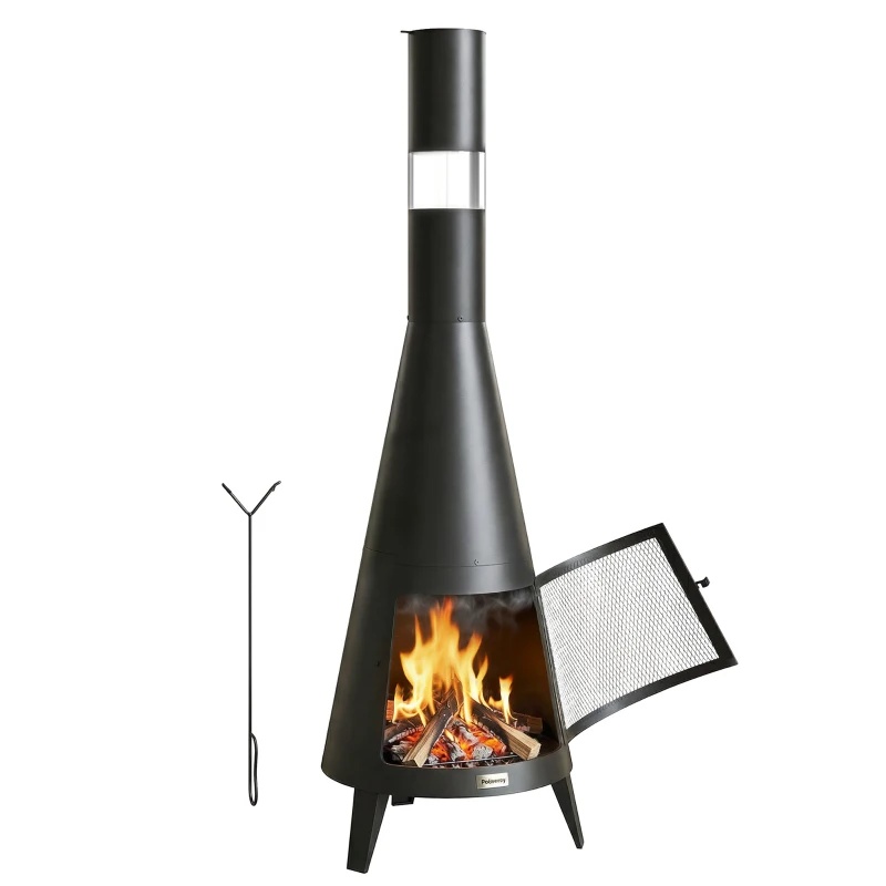 Outsunny Wood Burning Firepit with Chimney, Outdoor Fire Pit with Poker, Mesh Screen, Black