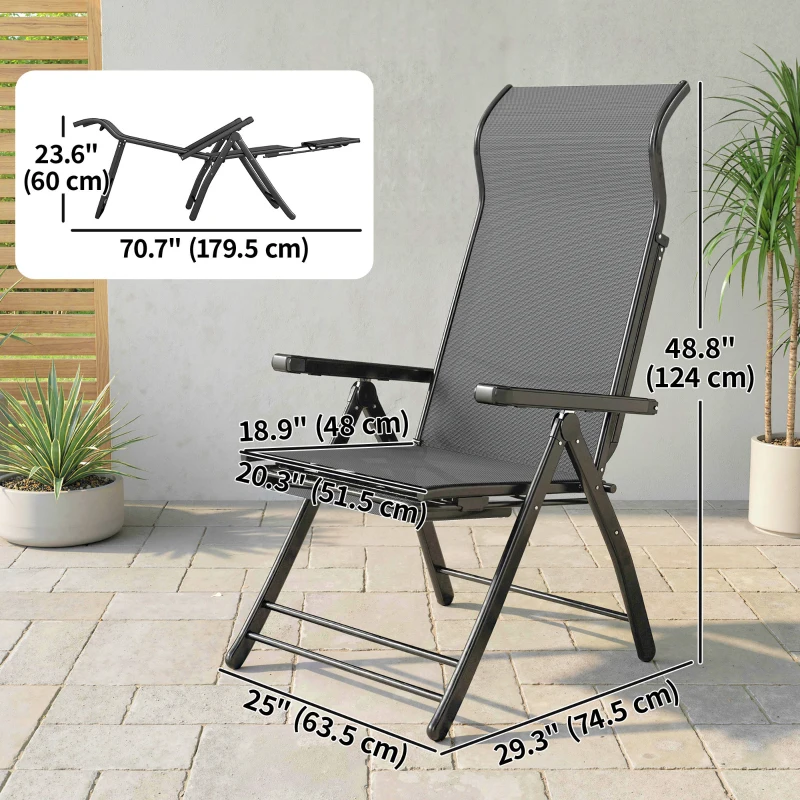 Outsunny Folding Patio Chairs Set of 2, 5-Position Outdoor Lounge Chairs with High Back, Retractable Footrest, Dark Grey