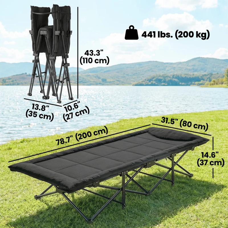 Outsunny Camping Cot for Adults with Padded Cushion, 31.5" Wide Folding Bed with Carry Bag and Non-Slip Feet, Black