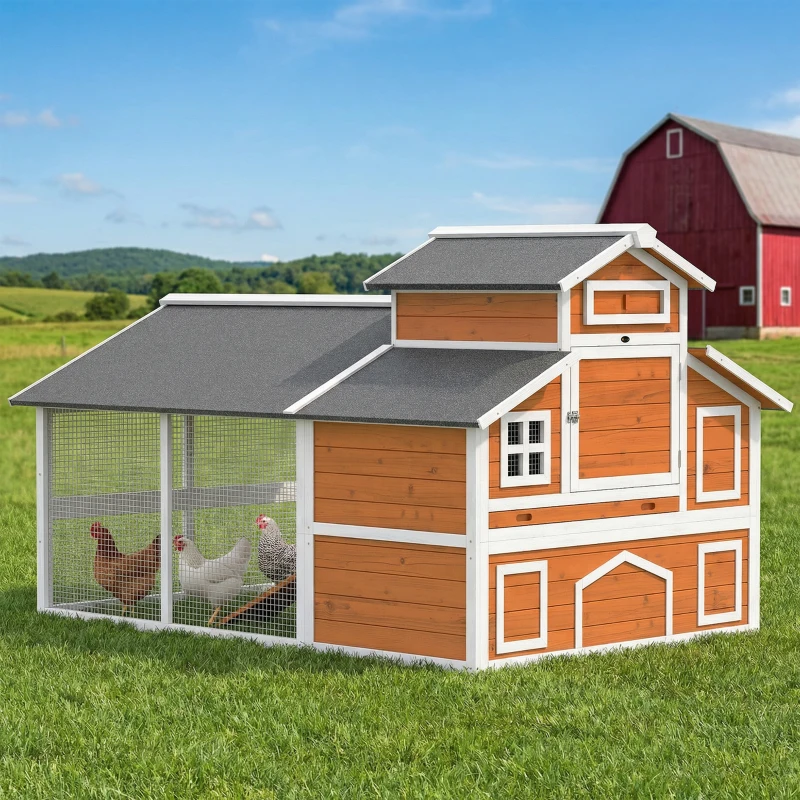 PawHut 79"L Chicken Coop with Run for 6 Chickens, Wooden Chicken House with Nesting Boxes and Pull-Out Tray