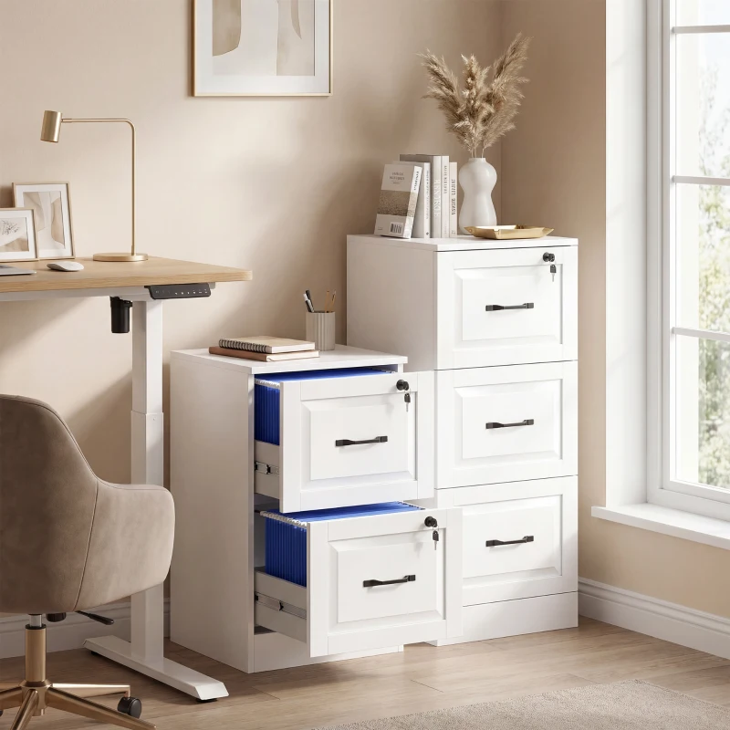 HOMCOM 3 Drawer File Cabinet with Lock, Vertical Filing Cabinet with Adjustable Hanging Bars for A4 and Letter Size, White