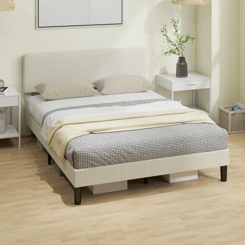 HOMCOM Queen Size Bed Frame with Adjustable Upholstered Headboard Platform Bed Frame Wood Slat Support Noise Free Light Grey