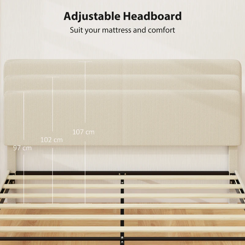 HOMCOM Queen Size Bed Frame with Adjustable Upholstered Headboard Platform Bed Frame Wood Slat Support Noise Free Light Grey