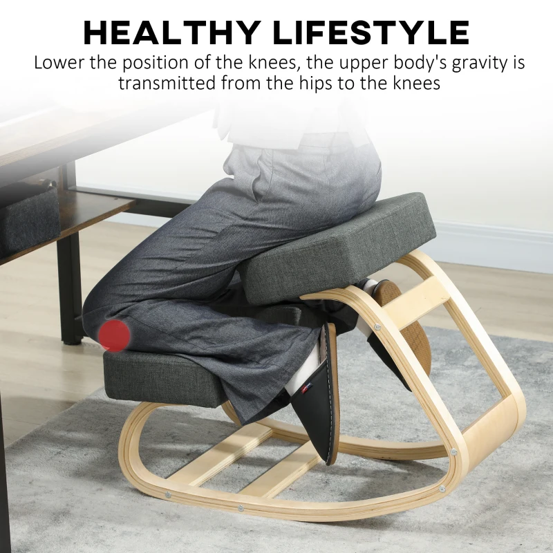 HOMCOM Ergonomic Kneeling Chair, Wood Kneel Stool with Thick Pads, Desk Knee Chair, Improve Posture, Dark Grey