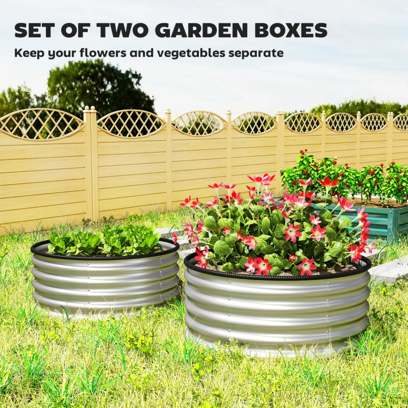 Outsunny Set of 2 Raised Garden Bed, Metal Planter Box with Safety Edging, Easy-to-assemble Stock Tank 3'x3'x1.4' Silver