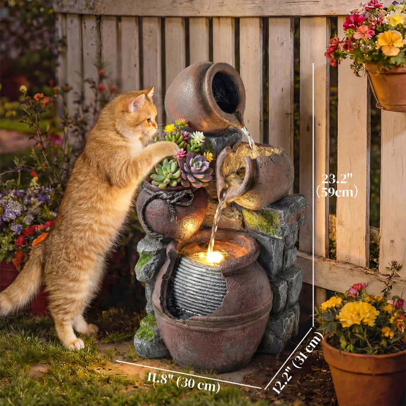 Outsunny Outdoor Fountain with 4-Tier Rustic Pot Design, Cascading Rock Waterfall with LED Lights and Adjustable Flow