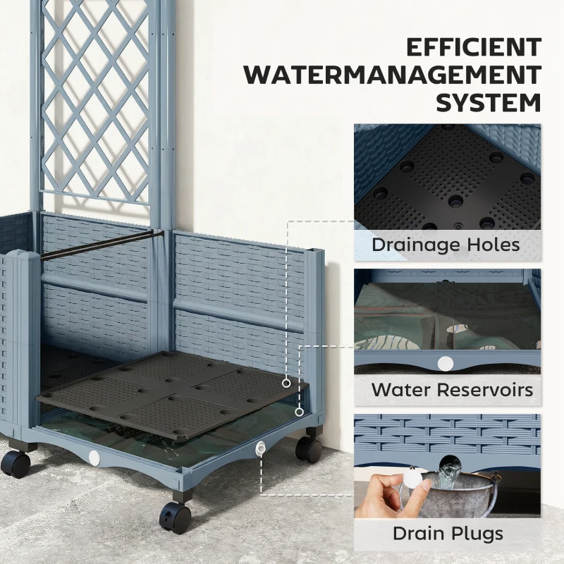 Outsunny Planter Box with Trellis, Self Watering Raised Garden Bed with Lockable Wheels and Drainage Holes, Gray