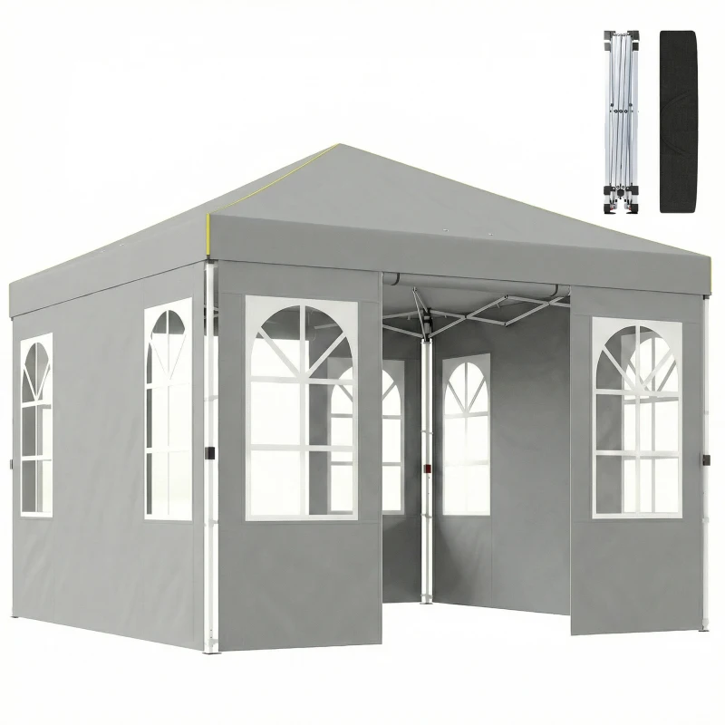 Outsunny 9.6 x 9.6 ft Pop Up Canopy Tent with 4 Sidewalls, UPF 50+ 1-Button Push Easy Setup Outdoor Instant Canopy, Light Grey