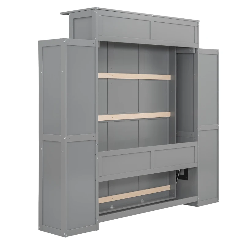 Full Size Murphy Bed with Shelves, LED Lights, Space-Saving Wall Bed with Flexible Slats, Dual Piston Mechanism, 87" L x 81" W x 83.5" H, Grey