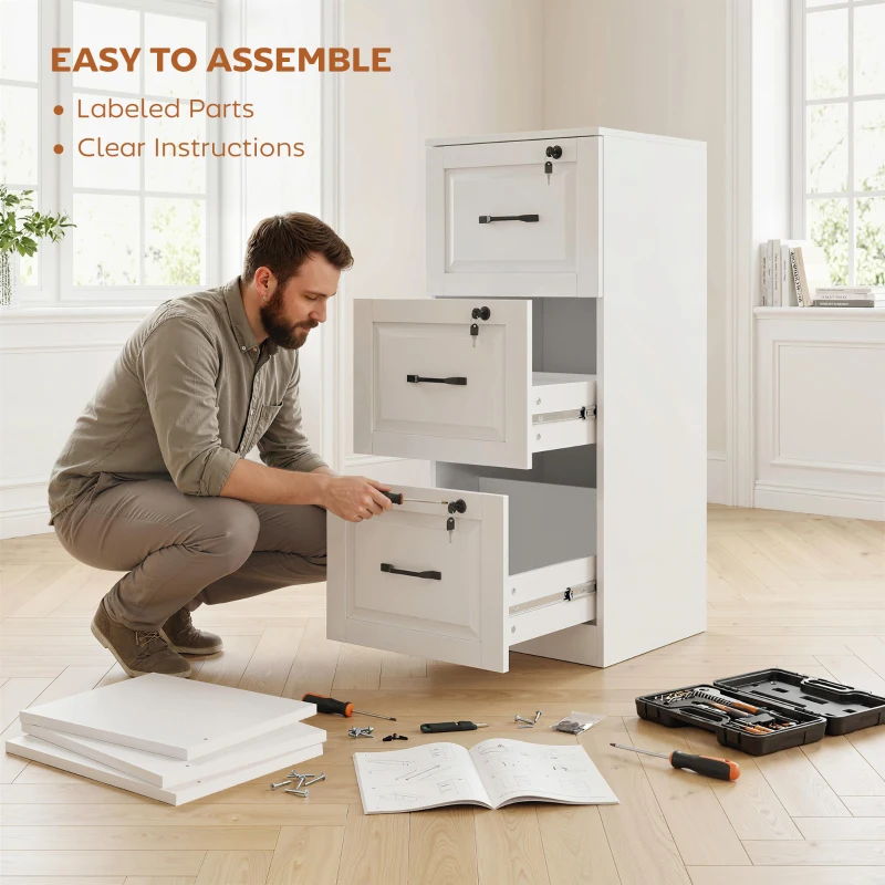 HOMCOM 3 Drawer File Cabinet with Lock, Vertical Filing Cabinet with Adjustable Hanging Bars for A4 and Letter Size, White