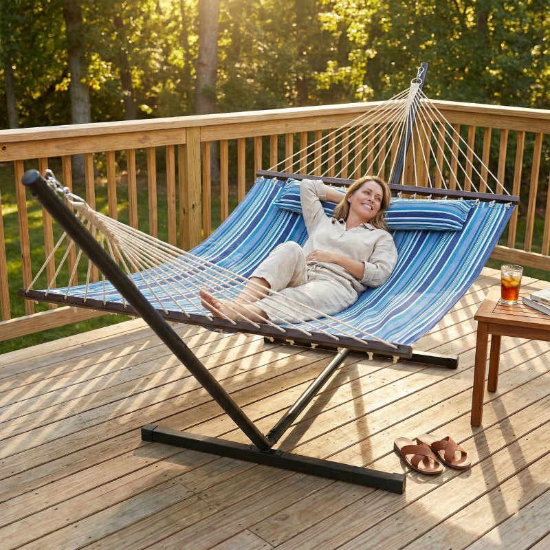 Outsunny Hammock with Stand Heavy Duty Camping Hammock with Steel Frame for Patio Backyard Blue and White