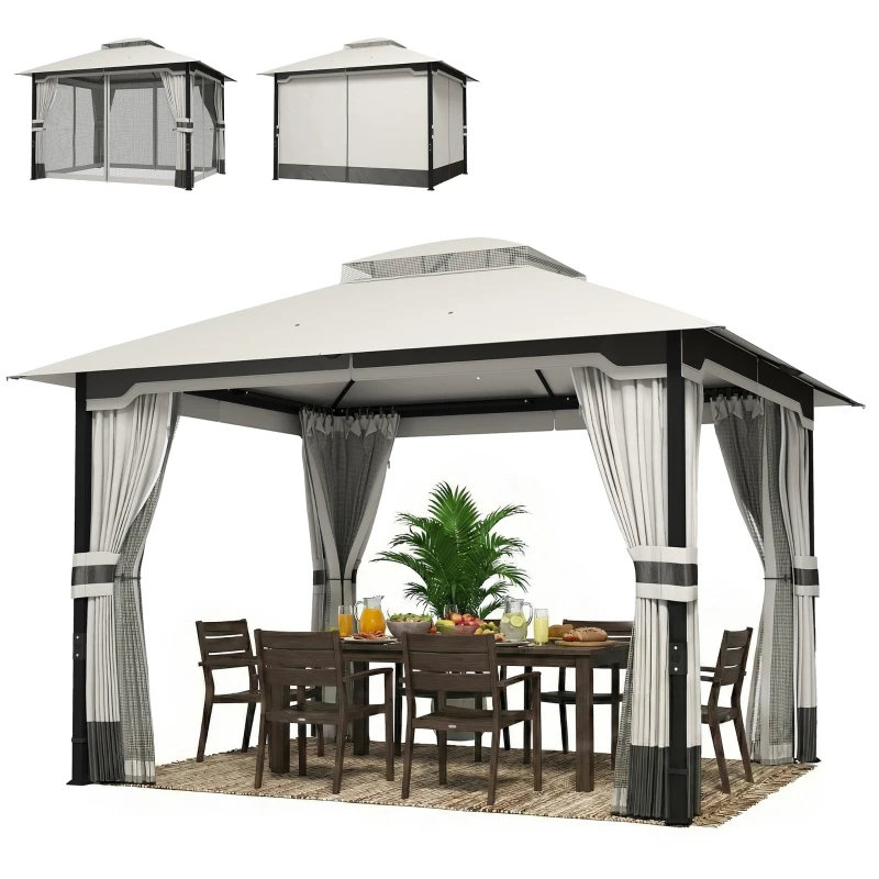 Outsunny 10' x 12' Patio Gazebo, Double Roof Outdoor Gazebo Canopy Shelter with Netting and Curtains, Steel Frame, Light Grey
