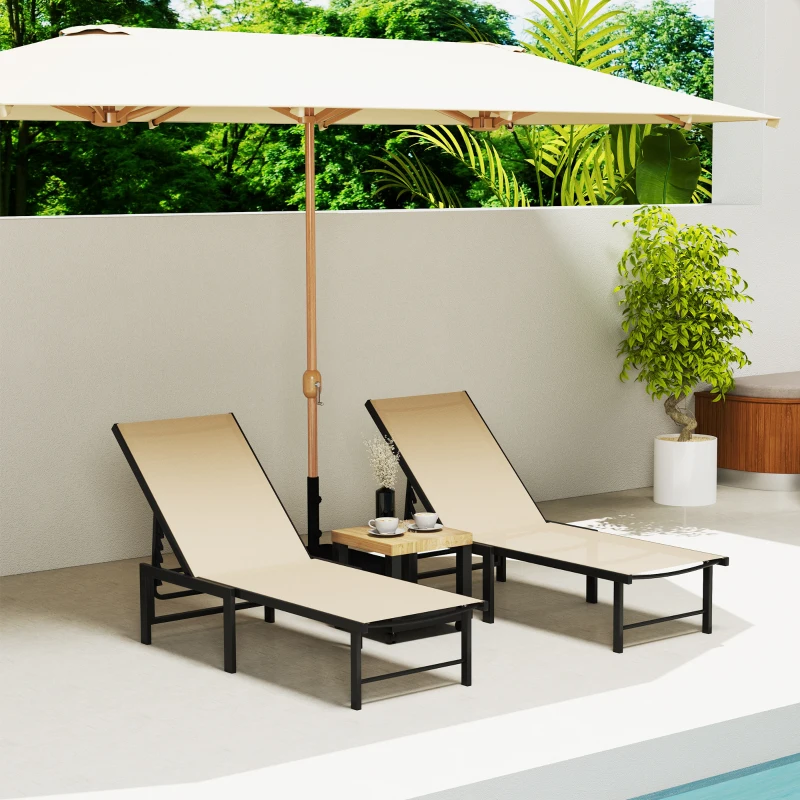 Outsunny Outdoor Lounge Chair Set of 2, 5-Position Reclining Outdoor Chaise Lounge Tanning Chair with Mesh Seat, Khaki