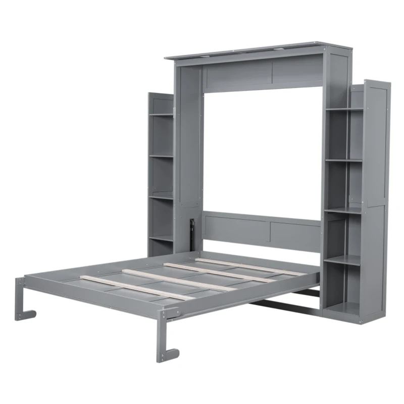 Queen Size Murphy Bed with Shelves and LED Lights, Space-Saving Wall Bed with Flexible Slats, 93.5" L x 84.5" W x 88.5" H, Grey