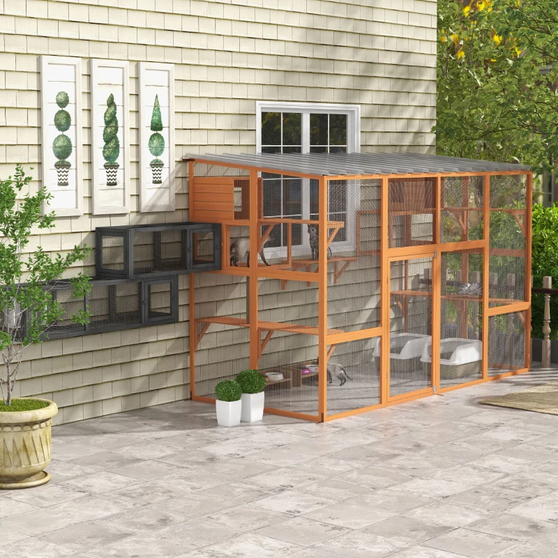 PawHut Cat Catio, Large Outdoor Cat Enclosure with 2 Condos, Jumping Platforms, Waterproof Roof, Orange