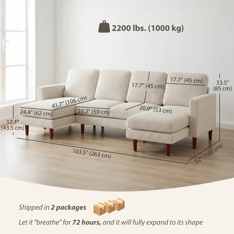HOMCOM Sectional Sofa, Corduroy U Shaped Couch with Double Chaise and Spring Cushions, 2200lb Capacity, Beige