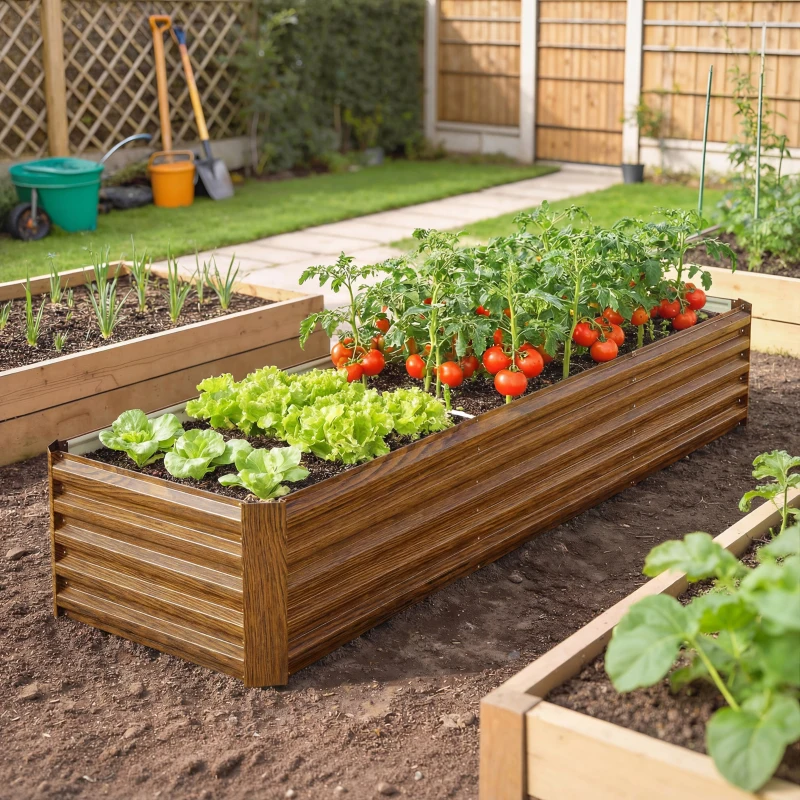 Outsunny 8 x 2.6 x 1.5ft Galvanized Raised Garden Bed, Reinforced Outdoor Planter Box with Open Bottom, Brown Wood Effect