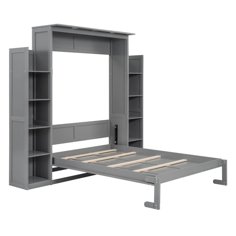 Full Size Murphy Bed with Shelves, LED Lights, Space-Saving Wall Bed with Flexible Slats, Dual Piston Mechanism, 87" L x 81" W x 83.5" H, Grey